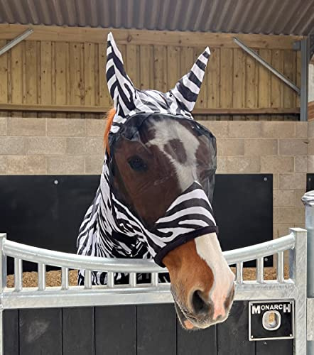 Zebra Print Fly Mask Hood with Ears Horse and Pony Sizes (XL (X Full))