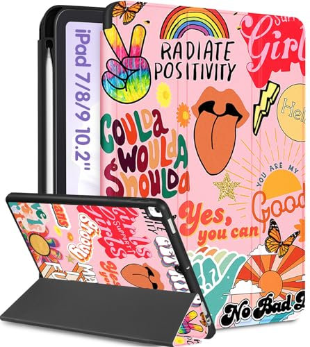 Uppuppy Schutzhülle für iPad der 9., 8. und 7. Generation mit 10,2 Zoll A2602 A2270 A2197, niedliche Folien-Smart-Hülle mit Stifthalter, Zitat, ästhetisches Design, Kawaii, für Mädchen, Frauen
