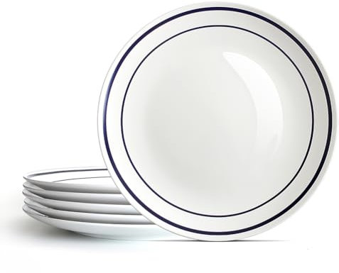 YFWOOD Keramik-Speiseteller-Set mit 6 Stück, 26,7 cm, modernes rundes Porzellangeschirr, mikrowellen-, spülmaschinen- und ofenfest, kratzfeste, tiefe Teller, weiß und blau, doppelreihig