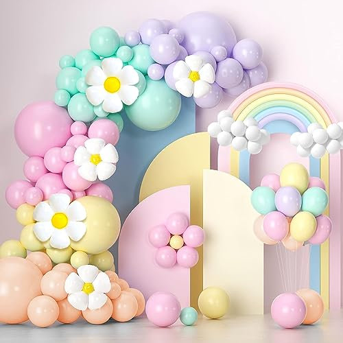 FUNTE Pastel Balloon Arch Kit Pastel Party Decorations With Daisy Balloons,Pastel Balloons And Pastel Long Balloons Rainbow Balloons Arch Kit Baby Shower Balloon Arch For Birthday Gender Reveal