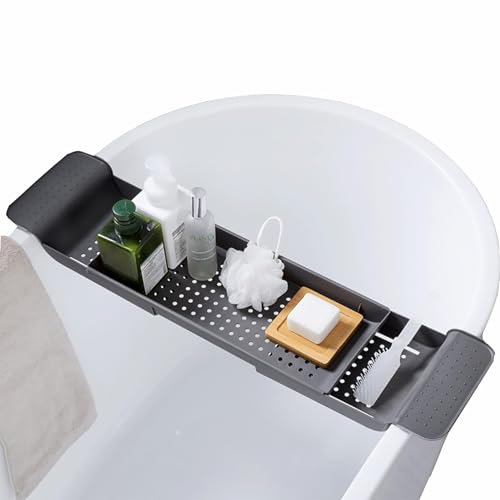 Plateau de baignoire pour baignoire - Pont de bain, jouets, livre, téléphone, vin, bougie, support pour accessoires de salle de bain - extensible - Gris