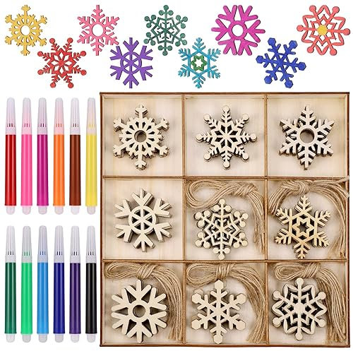 Vintage Christmas Tree Decorations - 45 Wooden Snowflakes with Lanyards, 12-Color Pens, Hanging Snowflakes, Rustic Wooden Ornaments