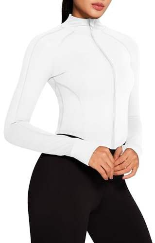 QUEENIEKE Sportjacke Damen Atmungsaktive Leicht Enge Laufjacke Mit Reißverschluss für Yoga Gym Daumenloch Sportoberteil A Weiß S