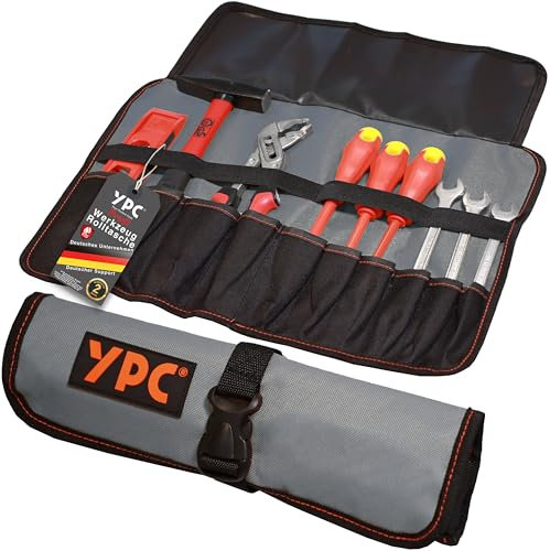 YPC VarioRoll L – 45x32cm, 10 Steckfächer und 4 Halteschlaufen, Werkzeugtasche rollbar, Messertasche, Werkzeug Rolltasche, Werkzeugrolle, Schraubendreher & Maulschlüssel Tasche leer