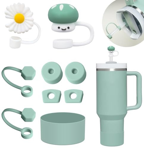 Stanley Silikon-Zubehör-Set: 6-teilig, auslaufsicherer Stopper, 2 Strohhalm-Abdeckungen, 1 Silikonstiefel für 1,2 l und 850 ml Becher (Eukalyptus)