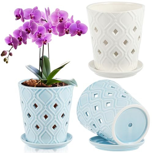 RattanView 2 Pcs 5 Inch Orchid Pots with Holes & Saucer Ceramic Orchids Planter Pots Flower Containers for Repotting Indoor Outdoor Promote Drainage Airflow Deter Over Watering, Blue and White