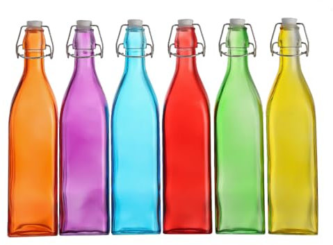 simpa Vintage Style Mix Colour Glass Bottles with Swing Top Lids. Square 1L Bottles - Set of 6