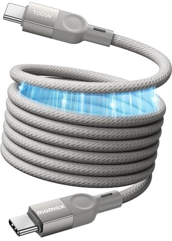 MOMAX Câble USB C Magnétique 100W Type C vers C - Charge Rapide, Données Go Link 480 Mo/s en Nylon Tressé, Compatible avec iPhone 16, Android