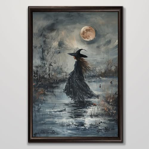 Leinwandbild mit Hexe – Stimmungsvolle Frau dunkler Mond Gemälde – Gothic-Vintage-Drucke – dunkle Akademie-Bilder – Landschaftsposter 40,6 x 61 cm ohne Rahmen