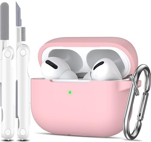 MHYALUDO Kompatibel mit AirPods Pro-Hülle, Anti-Fall-Schutz aus weichem Silikon, stoßdämpfend, kompatibel mit AirPods Pro-Hülle, Skin Touch mit Schlüsselanhänger und Reinigungsset, Sandrosa