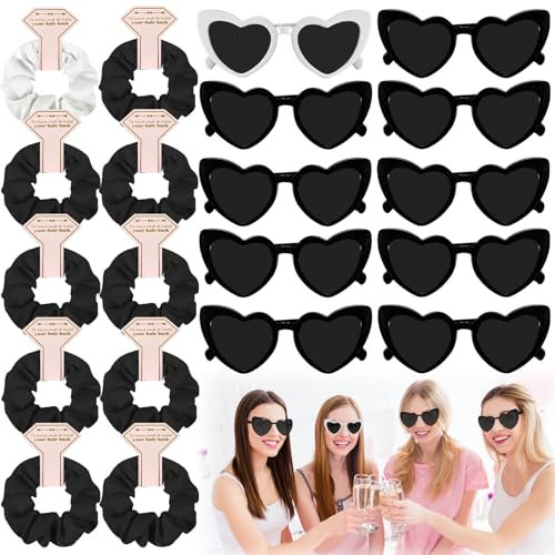 20 Stück JGA Brille Team Braut Haargummi,Bride Partybrille Herz Sonnenbrille,10 Herzförmige Brille + 10 Bride Haargummi,JGA Partybrillen und JGA Deko Accessoires für Junggesellinnenabschied (Schwarz)