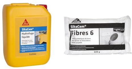 SikaCem - 546963 - Hydrofuge Liquide, Hydrofuge de masse liquide, Blanc, 5L & Fibre Synthétique pour Enduits et Mortiers, Blanc, 600 g