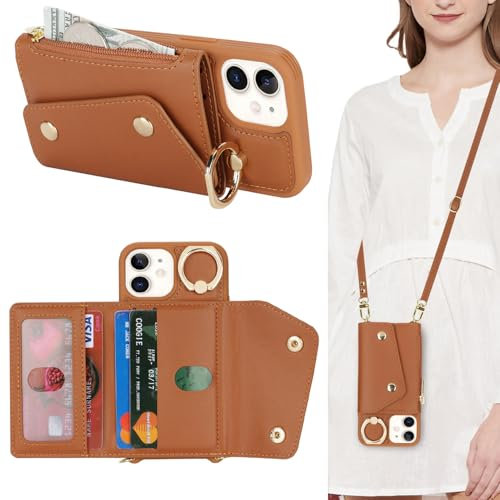 Lipvina Coque pour iPhone 12 Mini avec Cordon Porte Carte Coque iPhone 12 Mini zippé Portefeuille Femme Telephone Portable Réglable Collier Housse Étui avec Anneau pour Femmes - Marron