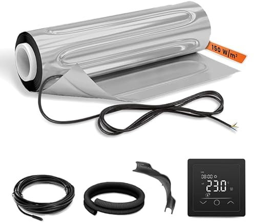 EH Expert AluPROFI -150 W/m²- 15 m² - - Heizmatten-Set für schwimmende Bodenbeläge – Elektrische Fußbodenheizung für Vinyl, Laminat, Parkett – mit Touch-Thermostat und Installationsmaterial (Schwarz)