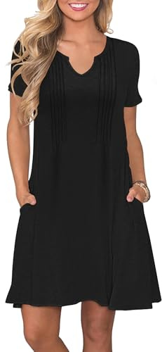 PLOKNRD Femme D'été Robe à Manches Courtes Col en V Décontractées et Plissées T Shirt Robe avec Poches Chic et Elegant(Noir,L