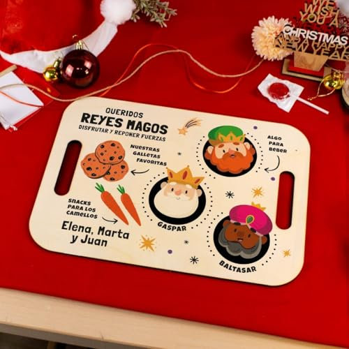 Bandeja de Navidad Personalizada con Nombre de Madera. Bandeja de Madera Reyes Magos. Bandeja de Madera Papá Noel personzalizado (Diseño 2, Rectangular Pequeña)