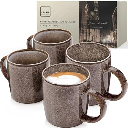 Sänger Kairo Graphit | Kaffeebecher 4 teilig, Steingut Tassen Set für 4 Personen, Tassen, spülmaschinen-mikrowellenfest, Coffee Mug Teetasse, Kaffeetassen Mocha Braun 400 ml | VALUE COLLECTION