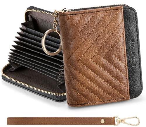 BOSTANTEN Kreditkartenetui, Geldbörse RFID-Schutz, PU Leder kleine Geldbörse für Damen Portemonnaie Card Holder mit Armband,Schwarz mit Braun