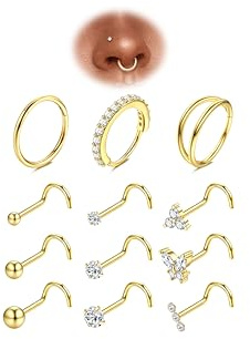 Adramata 12 Stück 20G Nasenpiercing Stecker Chirurgenstahl Piercing Nase Hypoallergene CZ Nasenring L-förmiger Nasenstecker Nostril Piercing für Damen Herren (Gold/Silber)