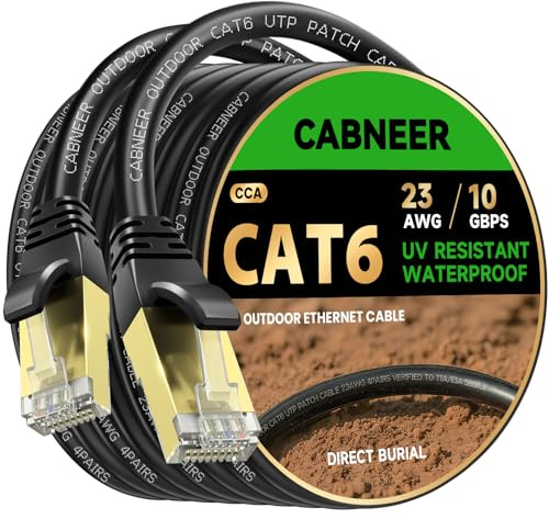 CABNEER Cat 6 Outdoor Ethernet Cable 35M 23AWG LLDPE, Direct Burial UV Weather Resistant Heavy Duty, 10Gbps High Speed Gigabit Internet Network Cable for Garden, CCA UTP with 40 Ties, Black