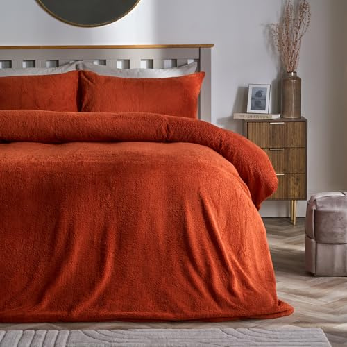 Brentfords King Size Duvet Cover Sets, Super Soft Warm Winter Fleece Bedding Luxury Plain Teddy Fleece Duvet Set Cosy Fluffy Teddy Bear Bedding with Pillowcases, Rust