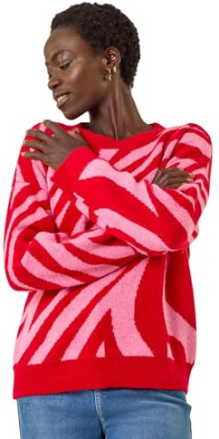Roman Originals Thick Jumper for Women UK - Ladies Winter Autumn Smart Casual Knit Knitted Knitwear Pull-On Round Crew Neck Long Sleeve Work Office Dinner Party - Red - Size 20