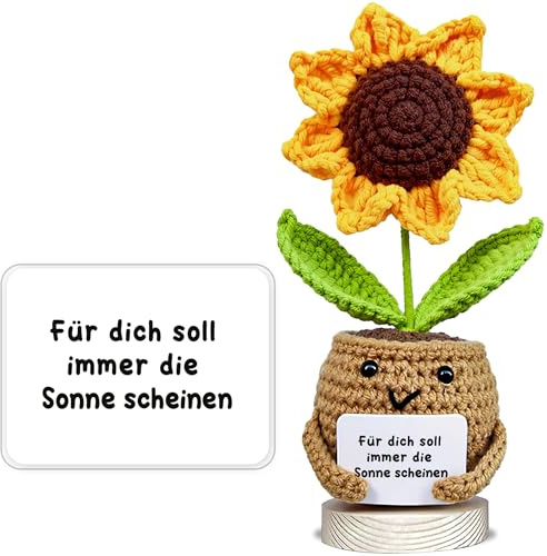 VELENTI Handgemachte gehäkelte Sonnenblume im Topf mit Karte „Für Dich soll Immer die Sonne scheinen“ | Geschenk für Mama, Tochter, Freundin oder Kollegin | Liebevolles Deko- & Dankeschön-Geschenk
