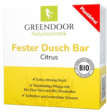 GREENDOOR Dusch Bar Citrus 60g, festes Duschgel, hautmilde Dusche mit Bio Sheabutter, ohne Palmöl Sulfate Plastik, Naturkosmetik natürlich ohne Tierversuche