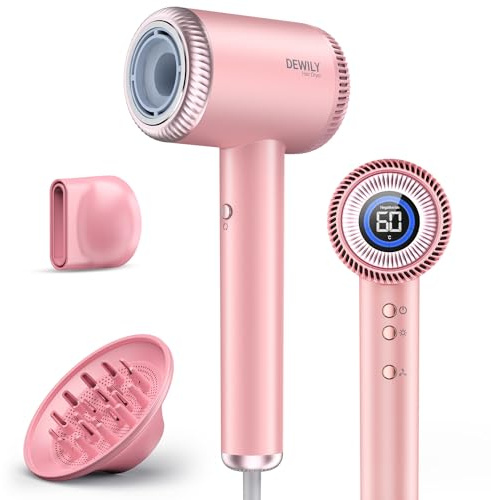Ionen Haartrockner Föhn mit Magnetischen Diffusor,DEWILY Fön mit 110,000RPM bürstenlosem Motor, Trocknet Schnell Reisefön Hair Dryer, 300-Millionen Negativ Ionen Haarföhn (Rosa)