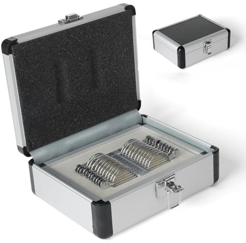 Coffret de 22 lentilles d'essai progressives avec étui en aluminium et échelle gravée au laser. Accessoire professionnel pour l'optométrie, destiné aux hôpitaux ophtalmologiques et aux optic