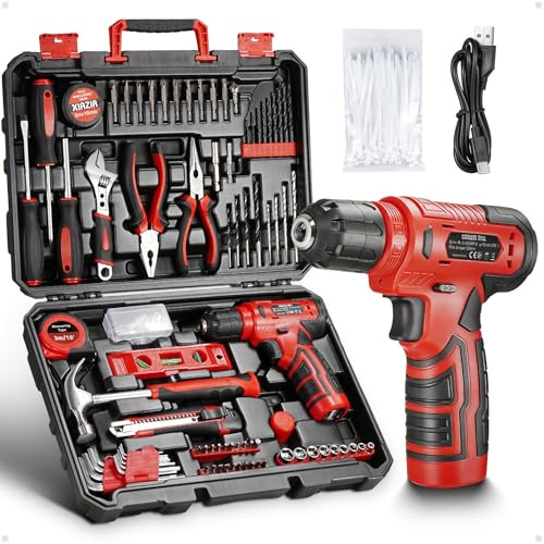 Juego de herramientas de 233 piezas con taladro atornillador a batería, caja de herramientas completa para bricolaje en casa con destornilladores, alicates, martillo, brocas y accesorios (Rojo)