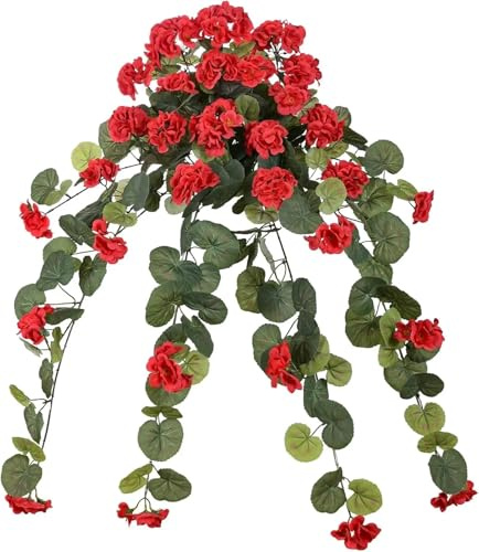 RUWLFE 2 Pcs Artificial Faux Red Geranium Flower Vines, UV Resistant Hanging Plants with Silk Flowers for Garden Home Wall Decorations for Wall Hanging