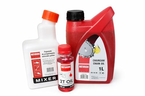 Motorsägen Öl Set Nevada – 1L Kettenöl + 100 ml 2T Öl teilsynthetisch + Mischflasche für Benzin – Zubehör für Motorsäge/Kettensäge Pflege Set