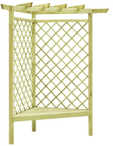 Pergola angolare con panca, 130 x 130 x 197 cm, in legno di pino impregnato, pergola da giardino come stabile traliccio per piante rampicanti, seduta romantica per esterni