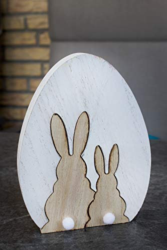 B2S BACK2SEASON Holz Ei mit Hasen Osternest Osterkorb Osterdeko Osterdekoration Ostergeschenk Frohe Ostern mit weichem Puschel H=18