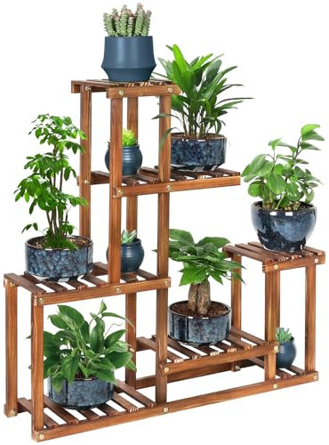 COOGOU Wood Plant Stand Indoor Outdoor Multi Tiered Corner Plant Shelf Holder High Low Flower Rack Stand for Indoor Multiple Plants 9 Potted Organize Shelves in Living Room Garden Balcony Patio Yard