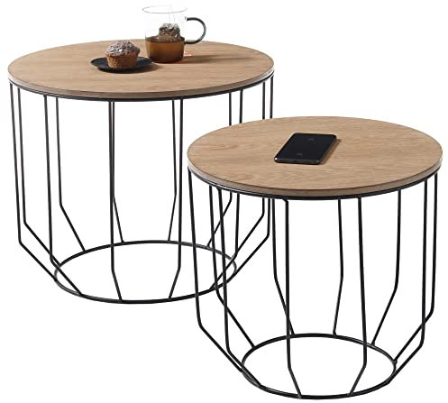 Robas Lund Couchtisch, Beistelltisch 2er Set, Eiche furniert, Gestell Schwarz