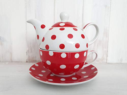 Arinosa Teekanne Punkte Rot Set mit Tasse Teeservice 3 teilig Tee for one