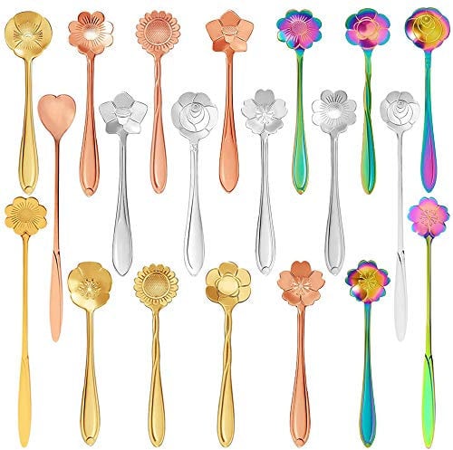 PUDSIRN 20PCS Fleurs Cuillères à Café, cuillère à thé en acier inoxydable cuillère à café cuillère à sucre, vaisselle réutilisable cuillère à mélanger cuillère à crème glacée pour café, thé, gâteau