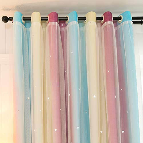 Michorinee Vorhang Mädchenzimmer Farbverlauf Hohle Sterne Verdunkelungsvorhang Prinzessin Blickdicht Gardine Kräuselband Ösenschal Voile Violett Blau 1 Stücke für Kinderzimmer 240 × 132cm (H × B)