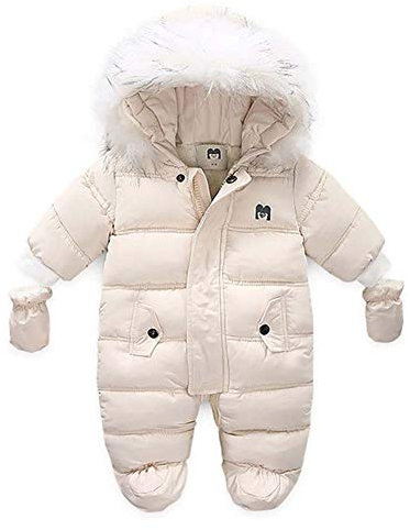 Geagodelia Tuta da Neve Neonati Cappotto Invernale da Bambini Tuta da Bambino Tuta con Cappuccio con Cerniera Pagliaccetto con Stivaletti e Guanti (Beige, 6-9 mesi)