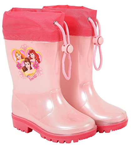 PERLETTI Disney Prinzessinnen Regenstiefel für Kleine Mädchen - Princess Stiefeletten Cinderella Arielle Rapunzel - Wasserdichte Stiefel mit Rutschfeste Sohle und Kordelzug (Rosa, 28/29 EU)