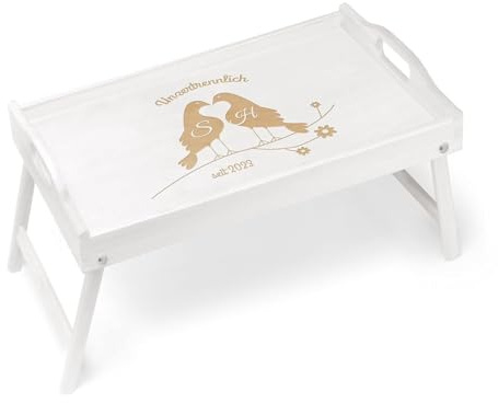 Maverton Frühstückstablett mit Gravur - für Zwei - Betttisch mit Griffen - klappbare Beine - Weiß - Geschenk für Paare - Einzugsgeschenk - Hochzeitsgeschenk - Unzertrennlich