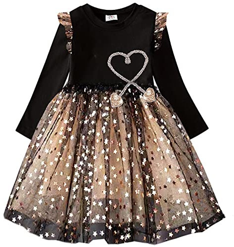 DXTON Mädchen Kleid Einhorn Gedruckt Prinzessin Freizeit Knielang Langarm Kleid Winter SchwarzLh4866 6T