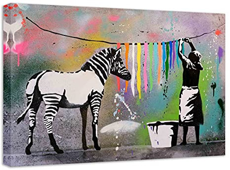 Banksy Bilder auf Leinwand - Zebra Washing Color - Wandbild für zuhause, hochwertige Streetart graffiti Kunstdruck I Wanddekoration, XXl Leinwandbilder I fertig zum Aufhängen (80x120 cm)