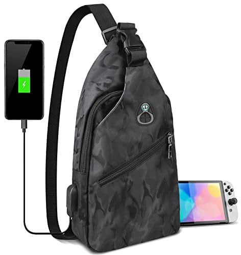 Sling Crossbody Backpack for Nintendo Switch/Lite/OLED, Portable Waterproof Shoulder Chest Carrying Travel Bag for NS Console Dock Joy-Cons & Accessories Storage for Boys Men, USB Charging Port, Black