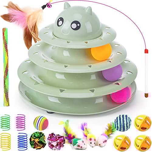 17 Stück Katzenspielzeug Interaktives Katzenspielzeug für Indoor Katzen 3 Schicht Türme Rollenbahnen Katzen Teaser Spielzeug mit Feder Katzenspielzeug, Katzengras, Ball, Glocke, Mausfeder