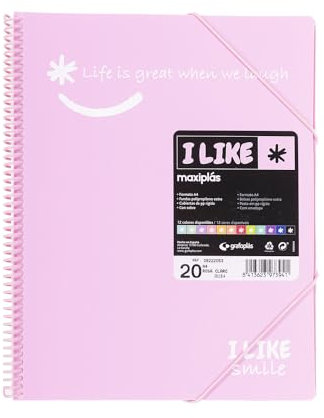 Grafoplás - Classeur à spirale, A4, rose clair, 20 pochettes, polypropylène, I Like Smile