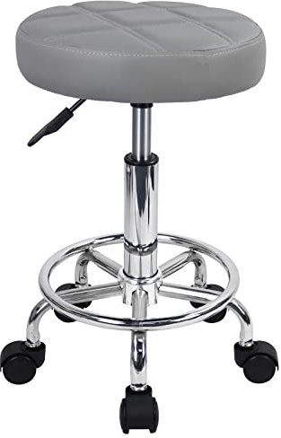 KKTONER Sgabello Rotondo con Ruote Regolabile, Sedia da Lavoro Imbottita con Cuscino in Pelle, Piccolo e Confortevole, per Casa, Parrucchiere, Ufficio, Studio Grigio