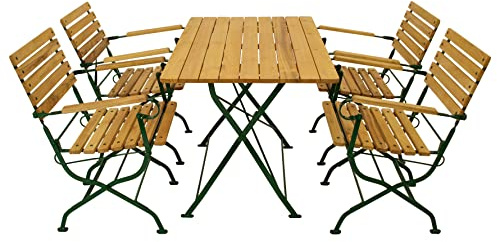 DEGAMO Garten Sitzgruppe Klappgarnitur Passau 5-teilig (4X Armlehnensessel, 1x Tisch 70x110cm), Gestell Flachstahl dunkelgrün, Belattung Robinien Holz, Outdoor